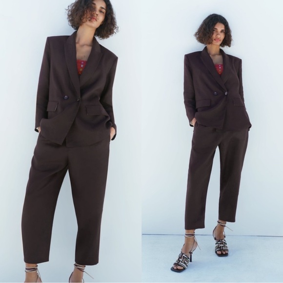 ZARA 100% LINEN OVERSIZED BLAZER AND TAPERED PANTS MATCHING SET size S - Picture 1 of 16